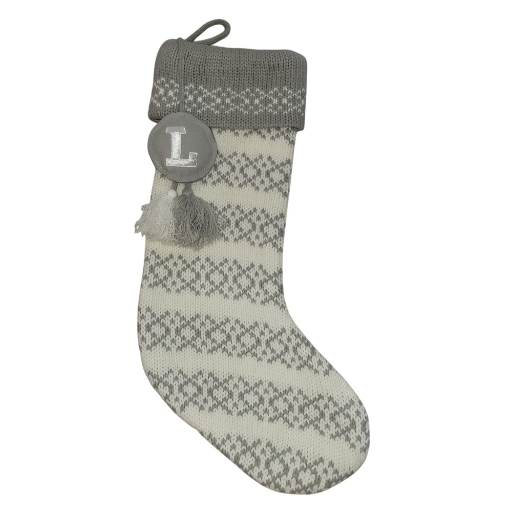 Wondershop Knit Fair Isle Monogram Christmas Stocking gray/white w/ initial‎ "L"
